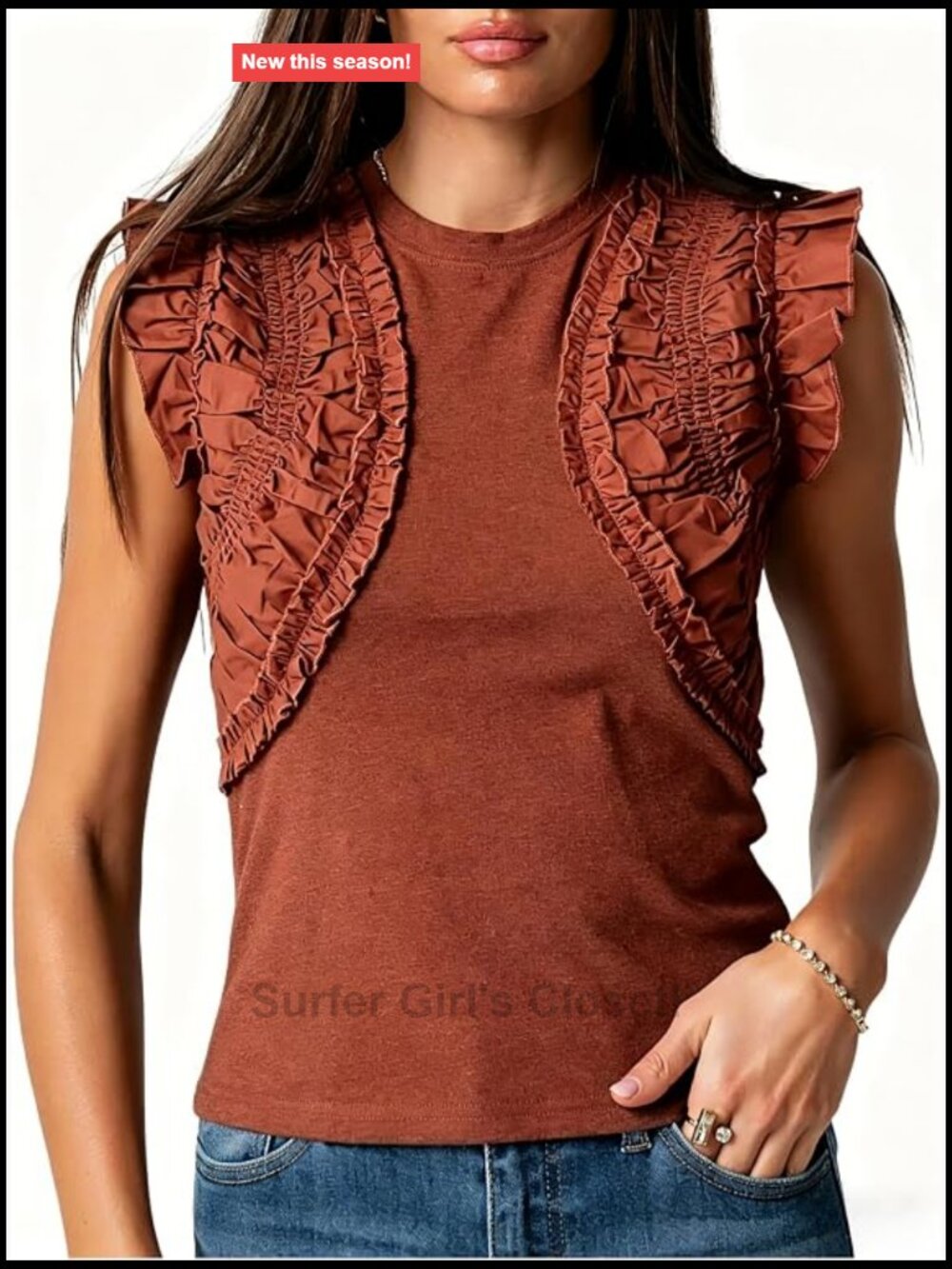 Women's Ruffle Tank Top Sleeveless Crew Neck Ruched Blouse Summer Casual